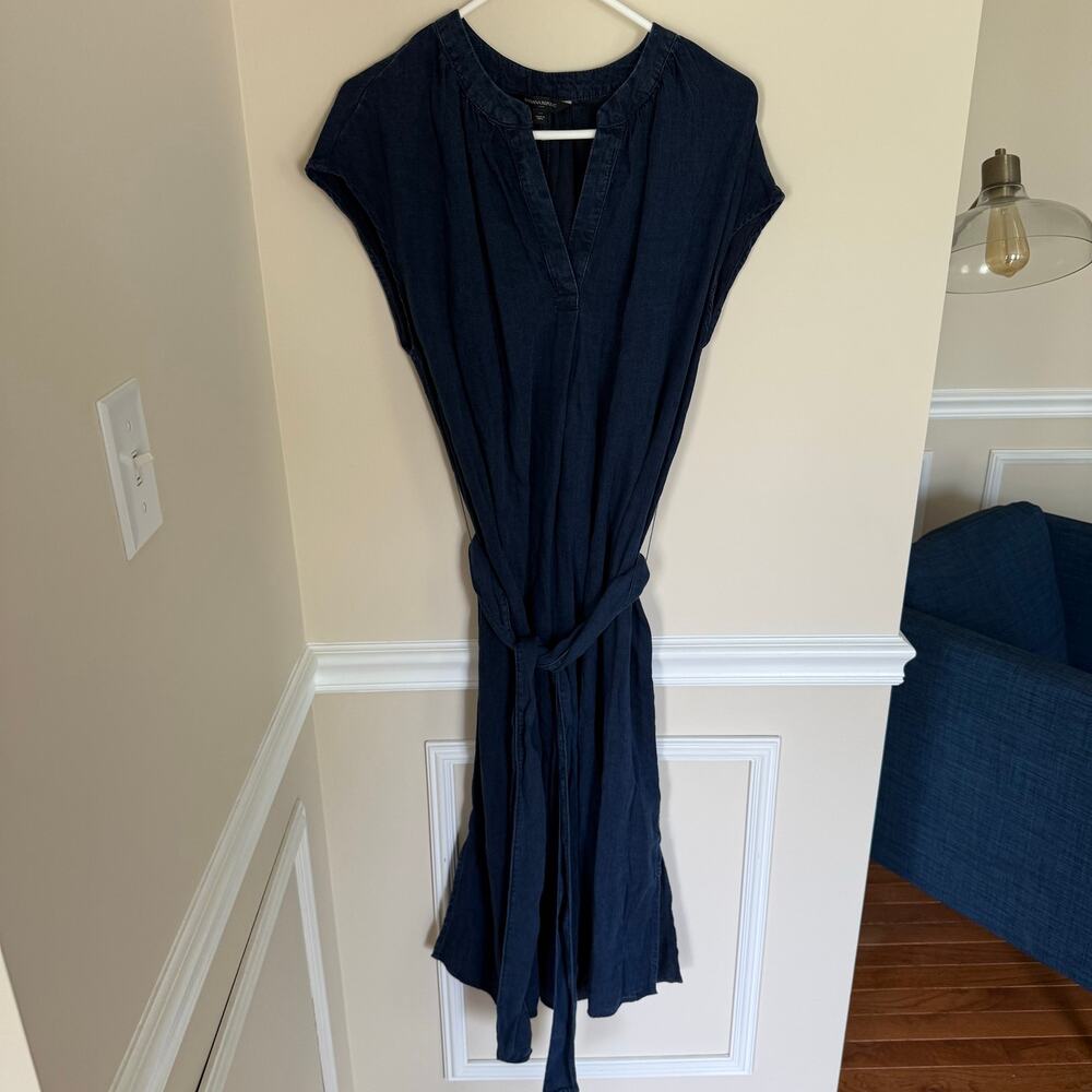 New With Tags Denim Dark Wash Chambray Banana Republic Belted Midi Dress- Medium - Picture 2 of 10